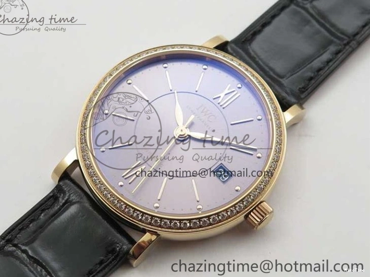 MIROTIME 1218 Durable Portofino 37mm RG V7F 1:1 Best Edition Gray Dial Diamonds Bezel on Black Leather Strap A 7089